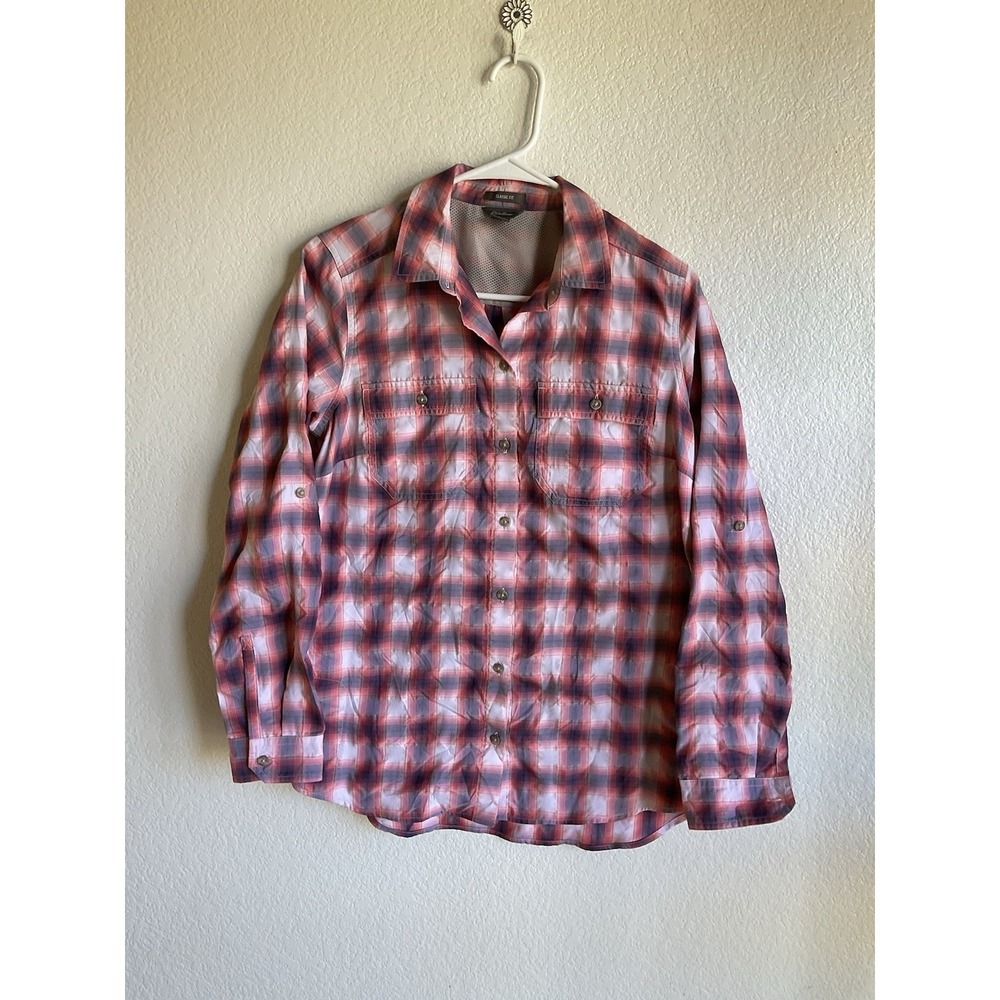 Eddie Bauer Women's Classic Fit Long Sleeve Roll Tab Shirt Small Pink Plaid